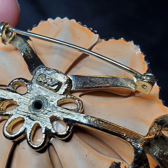 VTG Signed CORO Trembler Brooch AB Rhinestones Gold Tone Enamel Peach Poppy 3" - Picture 13 of 16
